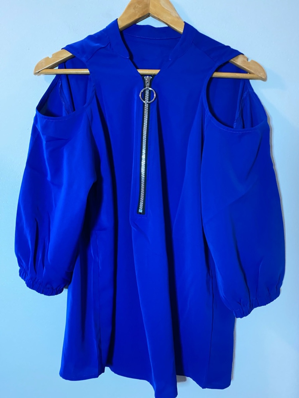Royal Blue Cold-Shoulder Zip Front Blouse